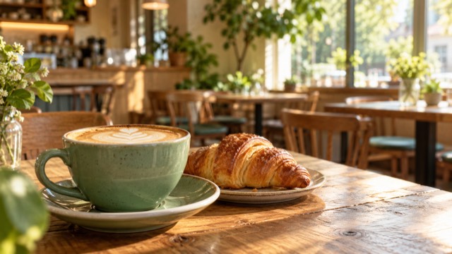 Coffee and a croissant in a sunlit café; illustrative image.