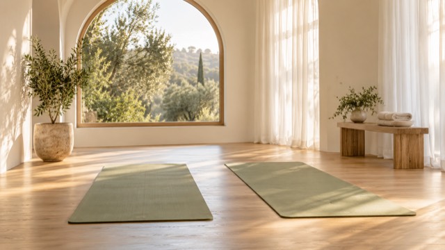 Sunlit movement studio with exercise mats; illustrative image.