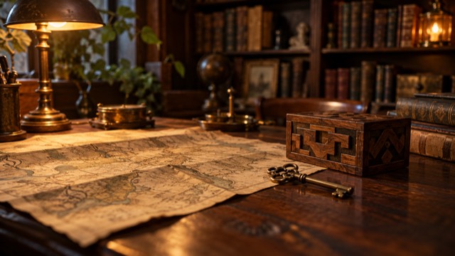 Key and puzzle box on a vintage desk; illustrative image.